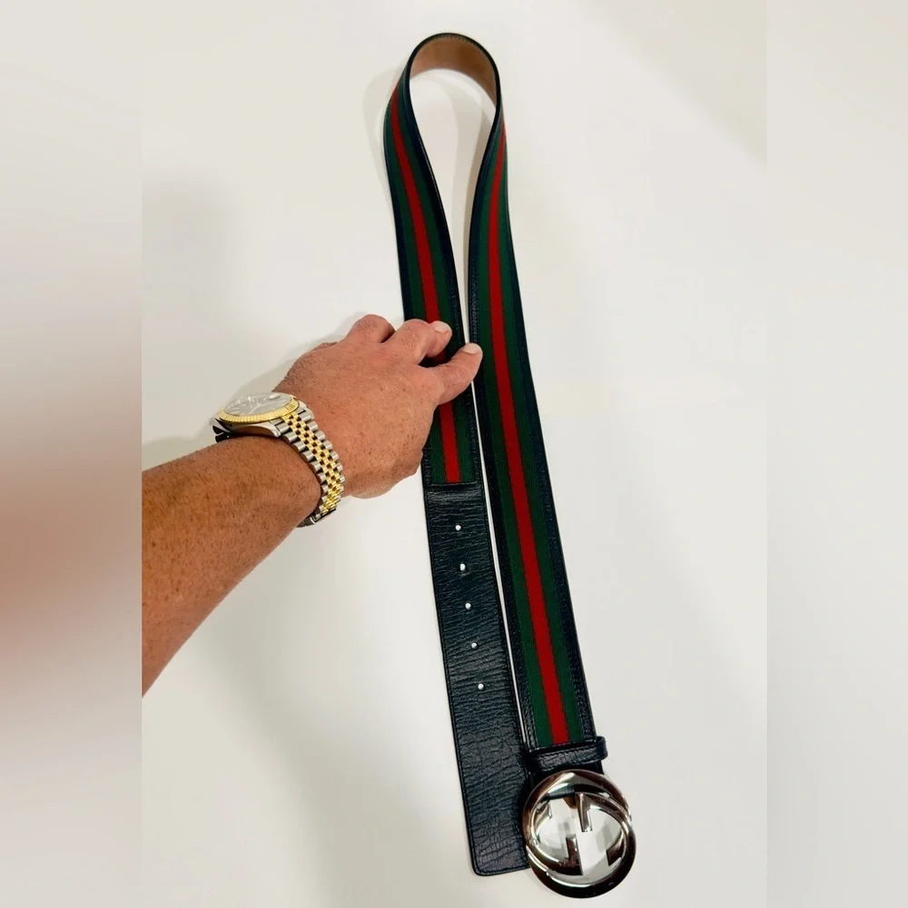 Gucci Web Canvas Black Leather Belt 114984 Silver Interlocking G Buckle 100/40